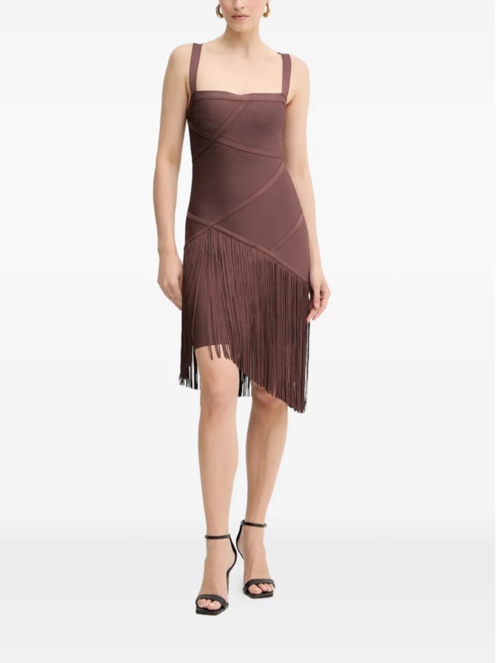 Herve Leger Brown Asymmetrical Fringe Dress